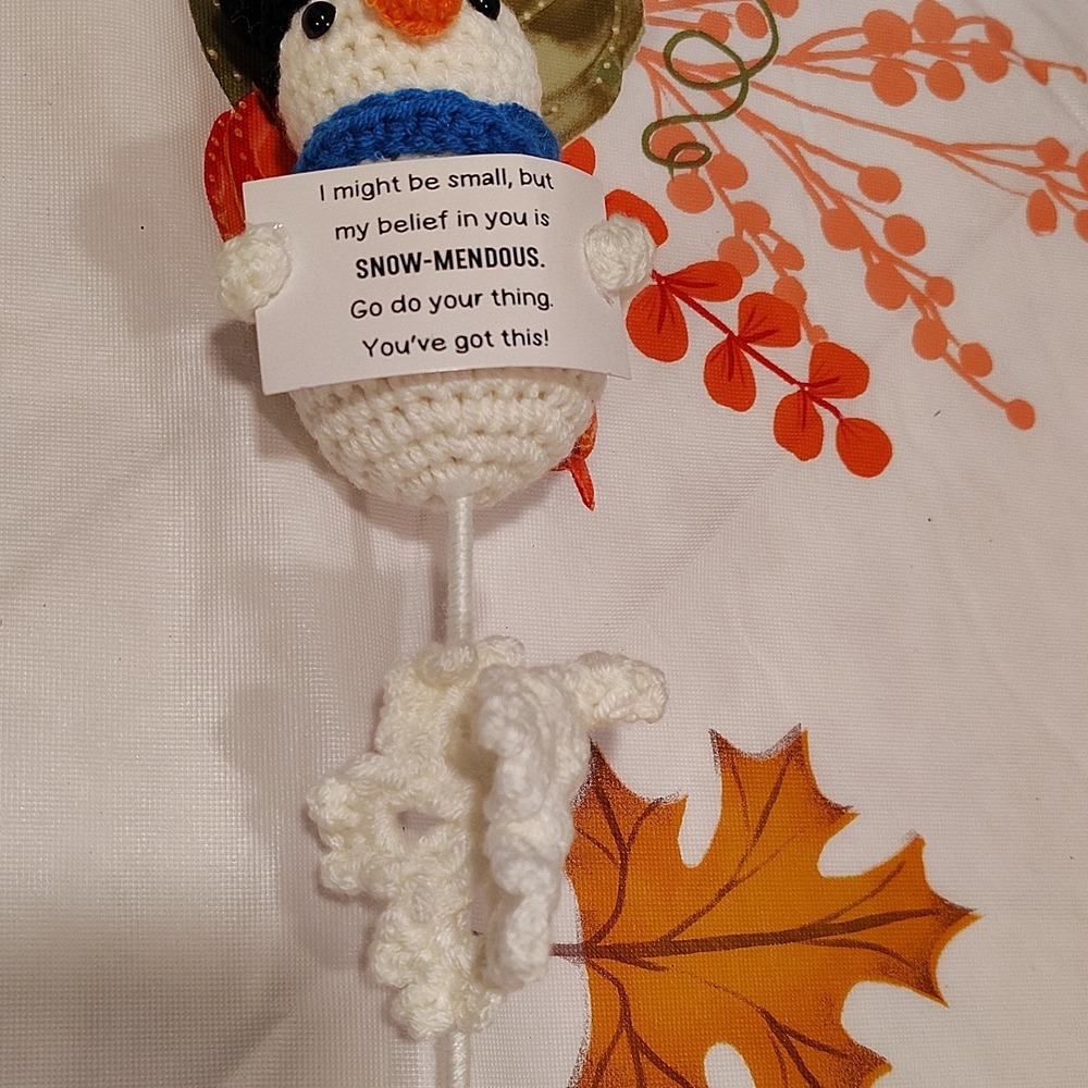 Handmade Crochet Snowman Doll on Stick with Quote Sign Message Tag